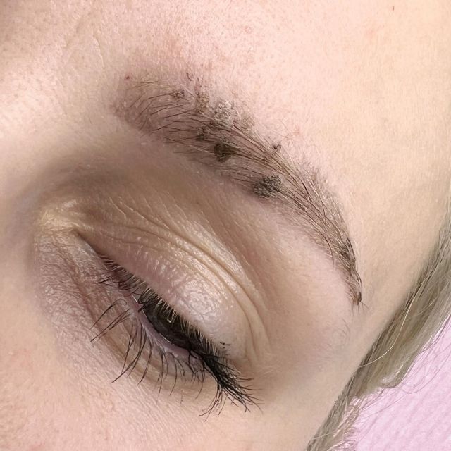 Brwi w trakcie gojenia. Powolutku partiami odchodzą od skóry strupki i zostaję nam tylko pigment, który już jest pod skórą. Tylko nie jest to efekt ostateczny - należy poczekać do całkowitego zejścia strupków. Strupki na brwi są ciemne i sprawiają, że makijaż permanentny wydaje się nam za delikatny 🫣 To przez kontrast koloru ciemnego strupki i pigmentu, który jest już pod skórą😊 #makijpermanentnybrwi #pmu #pmubrows #pmuartist #pmuhealed #procesgojeniabrwi #permanentmakeup #katowice #pmukatowice